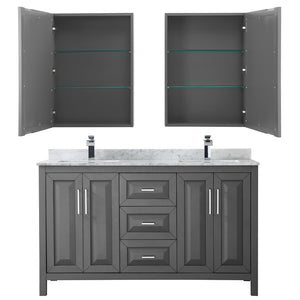 Daria 60 Inch Double Bathroom Vanity in Dark Gray White Carrara Marble Countertop Undermount Square Sinks and Medicine Cabinets