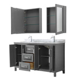 Daria 60 Inch Double Bathroom Vanity in Dark Gray White Carrara Marble Countertop Undermount Square Sinks and Medicine Cabinets