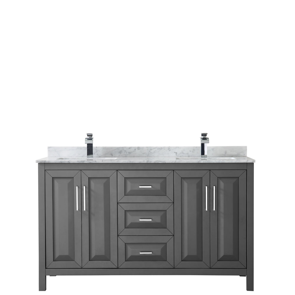 Daria 60 Inch Double Bathroom Vanity in Dark Gray White Carrara Marble Countertop Undermount Square Sinks and No Mirror
