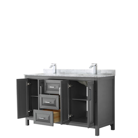 Daria 60 Inch Double Bathroom Vanity in Dark Gray White Carrara Marble Countertop Undermount Square Sinks and No Mirror