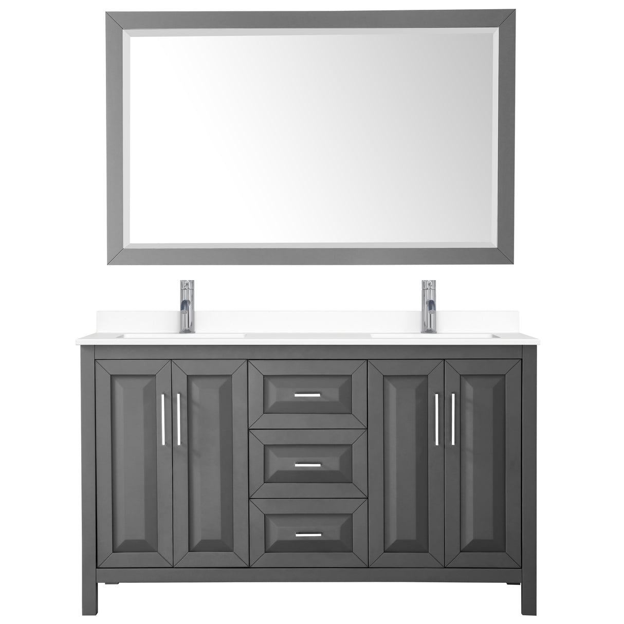Daria 60 Inch Double Bathroom Vanity in Dark Gray White Cultured Marble Countertop Undermount Square Sinks 58 Inch Mirror