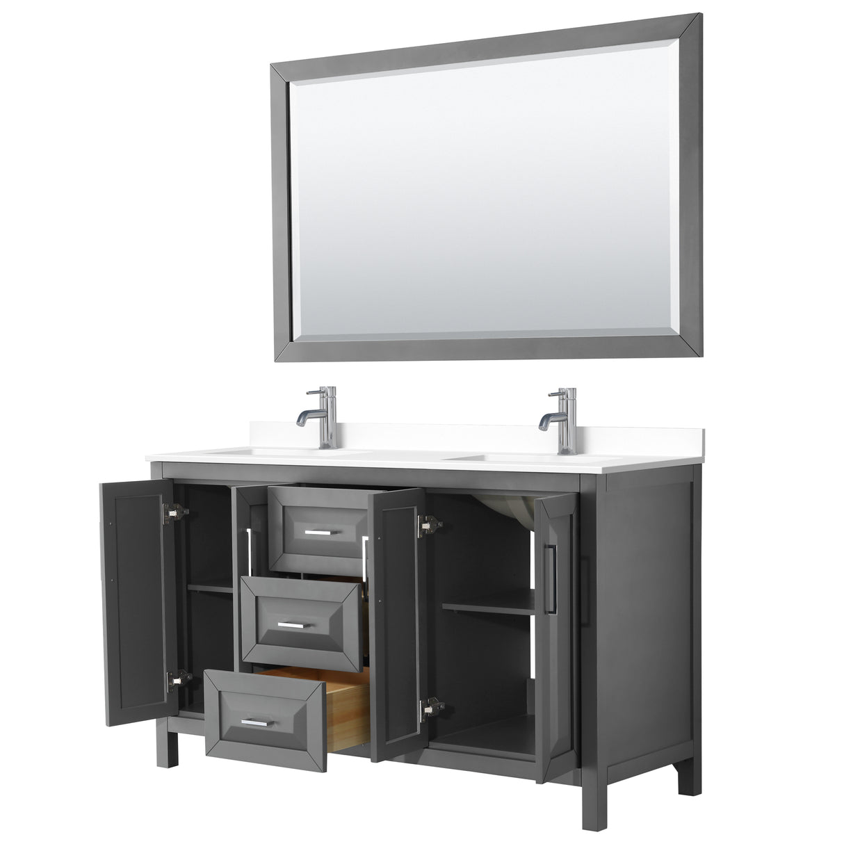 Daria 60 Inch Double Bathroom Vanity in Dark Gray White Cultured Marble Countertop Undermount Square Sinks 58 Inch Mirror