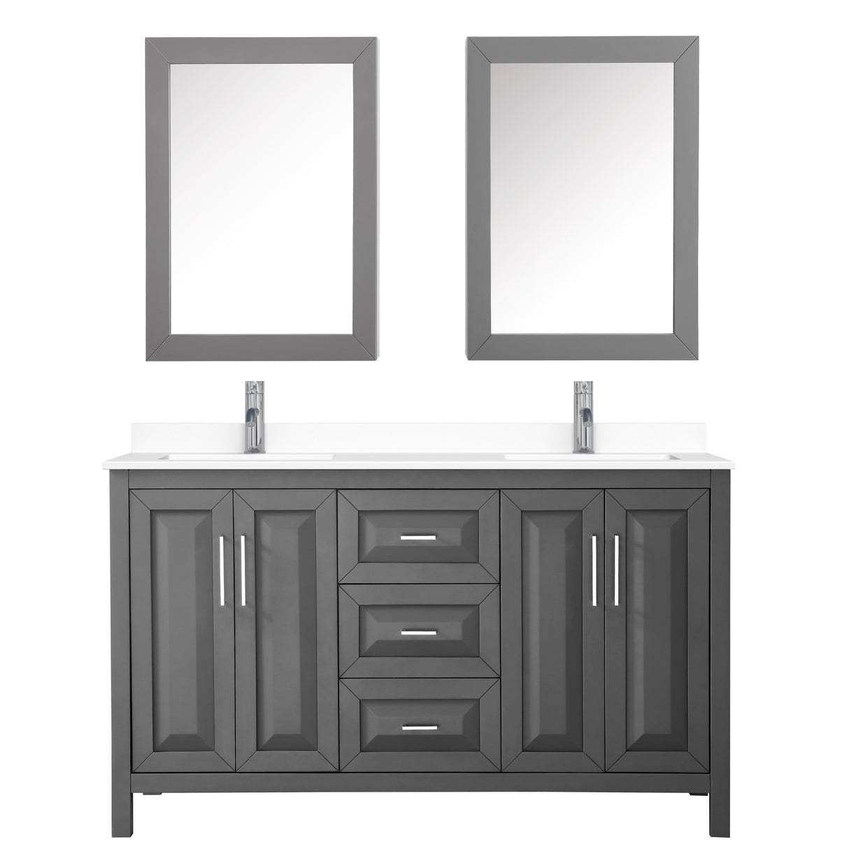 Daria 60 Inch Double Bathroom Vanity in Dark Gray White Cultured Marble Countertop Undermount Square Sinks Medicine Cabinets