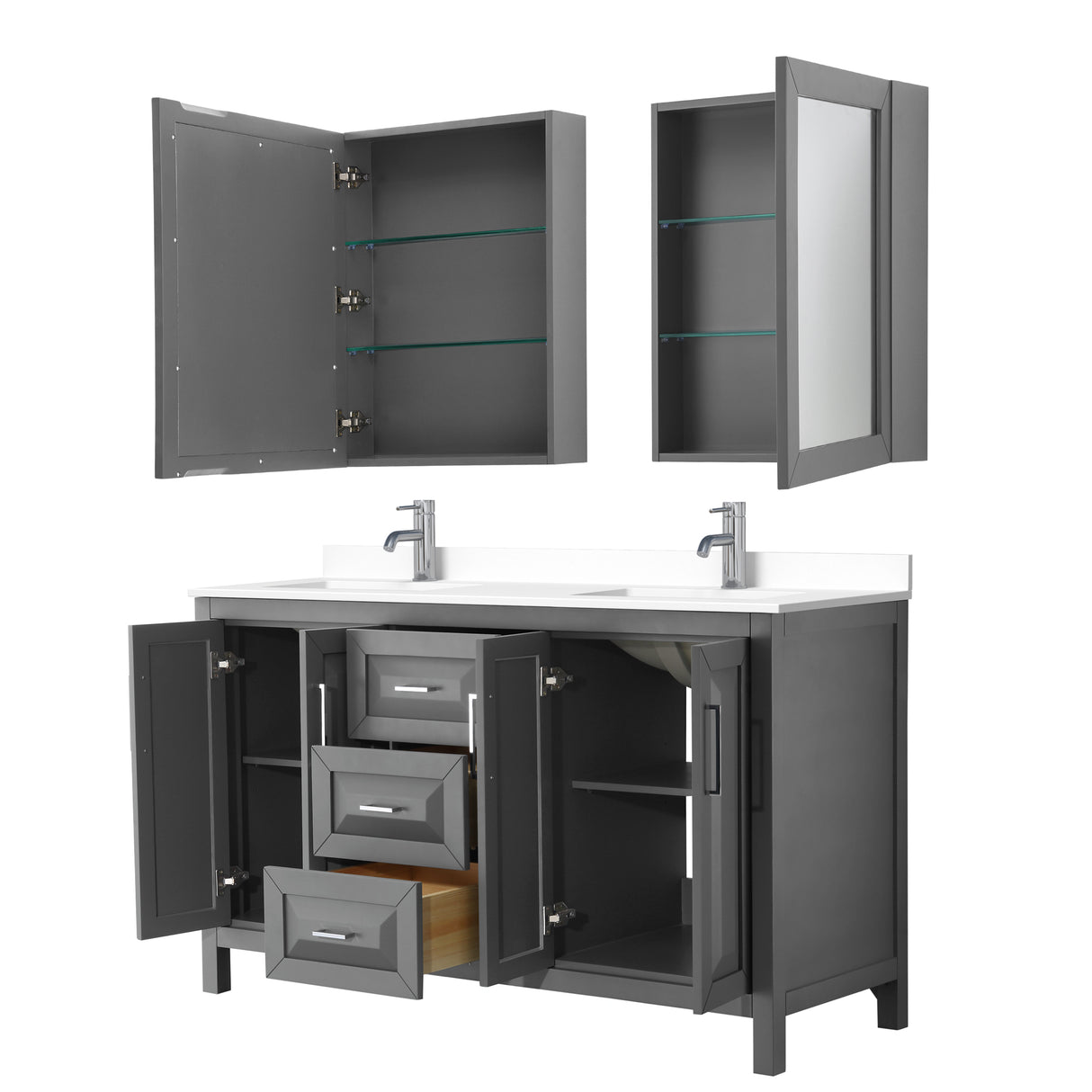 Daria 60 Inch Double Bathroom Vanity in Dark Gray White Cultured Marble Countertop Undermount Square Sinks Medicine Cabinets
