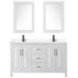 Daria 60 Inch Double Bathroom Vanity in White Carrara Cultured Marble Countertop Undermount Square Sinks Matte Black Trim 24 Inch Mirrors