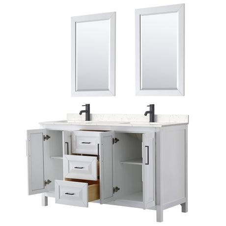 Daria 60 Inch Double Bathroom Vanity in White Carrara Cultured Marble Countertop Undermount Square Sinks Matte Black Trim 24 Inch Mirrors
