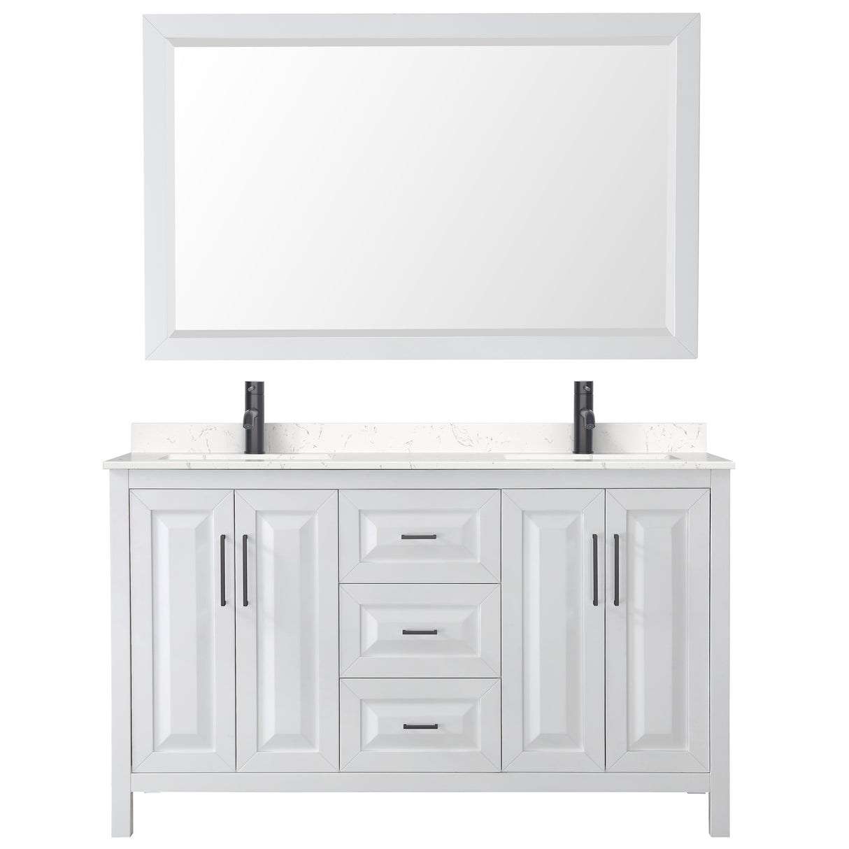 Daria 60 Inch Double Bathroom Vanity in White Carrara Cultured Marble Countertop Undermount Square Sinks Matte Black Trim 58 Inch Mirror
