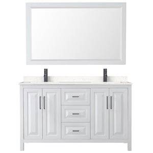 Daria 60 Inch Double Bathroom Vanity in White Carrara Cultured Marble Countertop Undermount Square Sinks Matte Black Trim 58 Inch Mirror