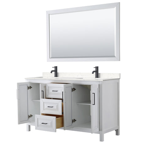 Daria 60 Inch Double Bathroom Vanity in White Carrara Cultured Marble Countertop Undermount Square Sinks Matte Black Trim 58 Inch Mirror
