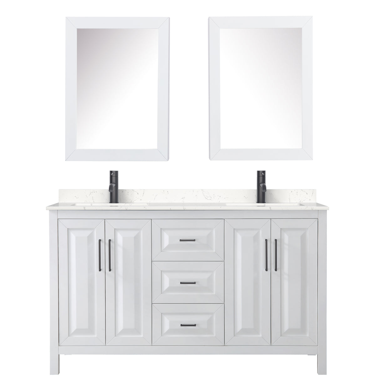 Daria 60 Inch Double Bathroom Vanity in White Carrara Cultured Marble Countertop Undermount Square Sinks Matte Black Trim Medicine Cabinets