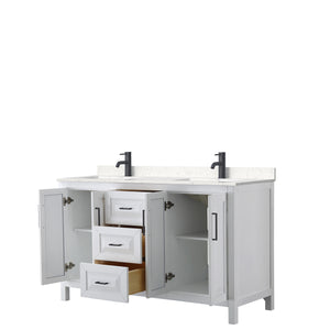 Daria 60 Inch Double Bathroom Vanity in White Carrara Cultured Marble Countertop Undermount Square Sinks Matte Black Trim