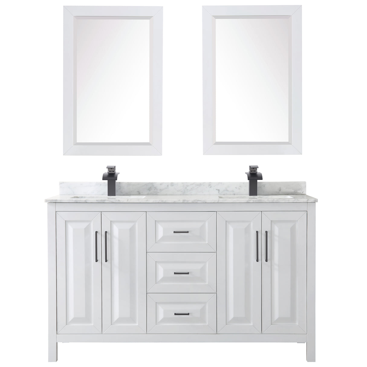 Daria 60 Inch Double Bathroom Vanity in White White Carrara Marble Countertop Undermount Square Sinks Matte Black Trim 24 Inch Mirrors