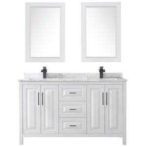 Daria 60 Inch Double Bathroom Vanity in White White Carrara Marble Countertop Undermount Square Sinks Matte Black Trim 24 Inch Mirrors