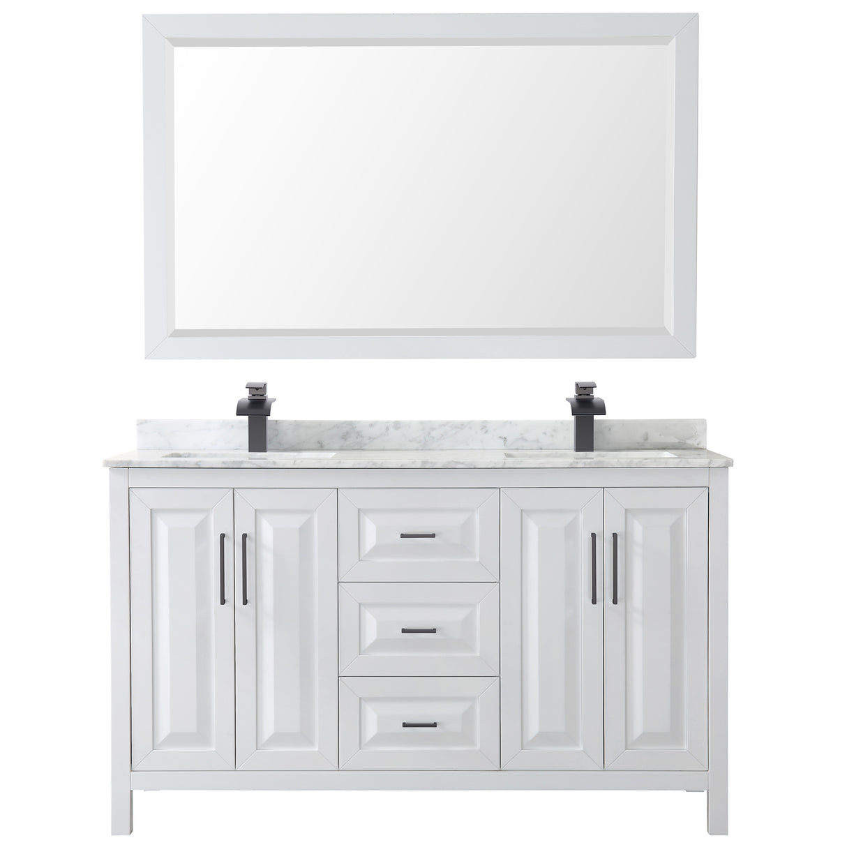 Daria 60 Inch Double Bathroom Vanity in White White Carrara Marble Countertop Undermount Square Sinks Matte Black Trim 58 Inch Mirror