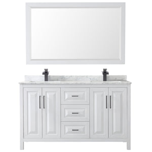 Daria 60 Inch Double Bathroom Vanity in White White Carrara Marble Countertop Undermount Square Sinks Matte Black Trim 58 Inch Mirror