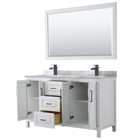 Daria 60 Inch Double Bathroom Vanity in White White Carrara Marble Countertop Undermount Square Sinks Matte Black Trim 58 Inch Mirror