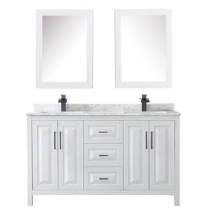 Daria 60 Inch Double Bathroom Vanity in White White Carrara Marble Countertop Undermount Square Sinks Matte Black Trim Medicine Cabinets