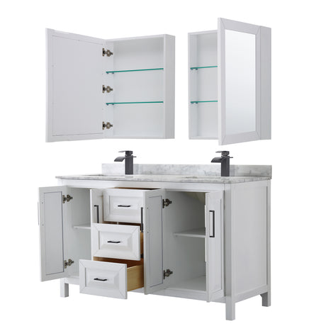Daria 60 Inch Double Bathroom Vanity in White White Carrara Marble Countertop Undermount Square Sinks Matte Black Trim Medicine Cabinets