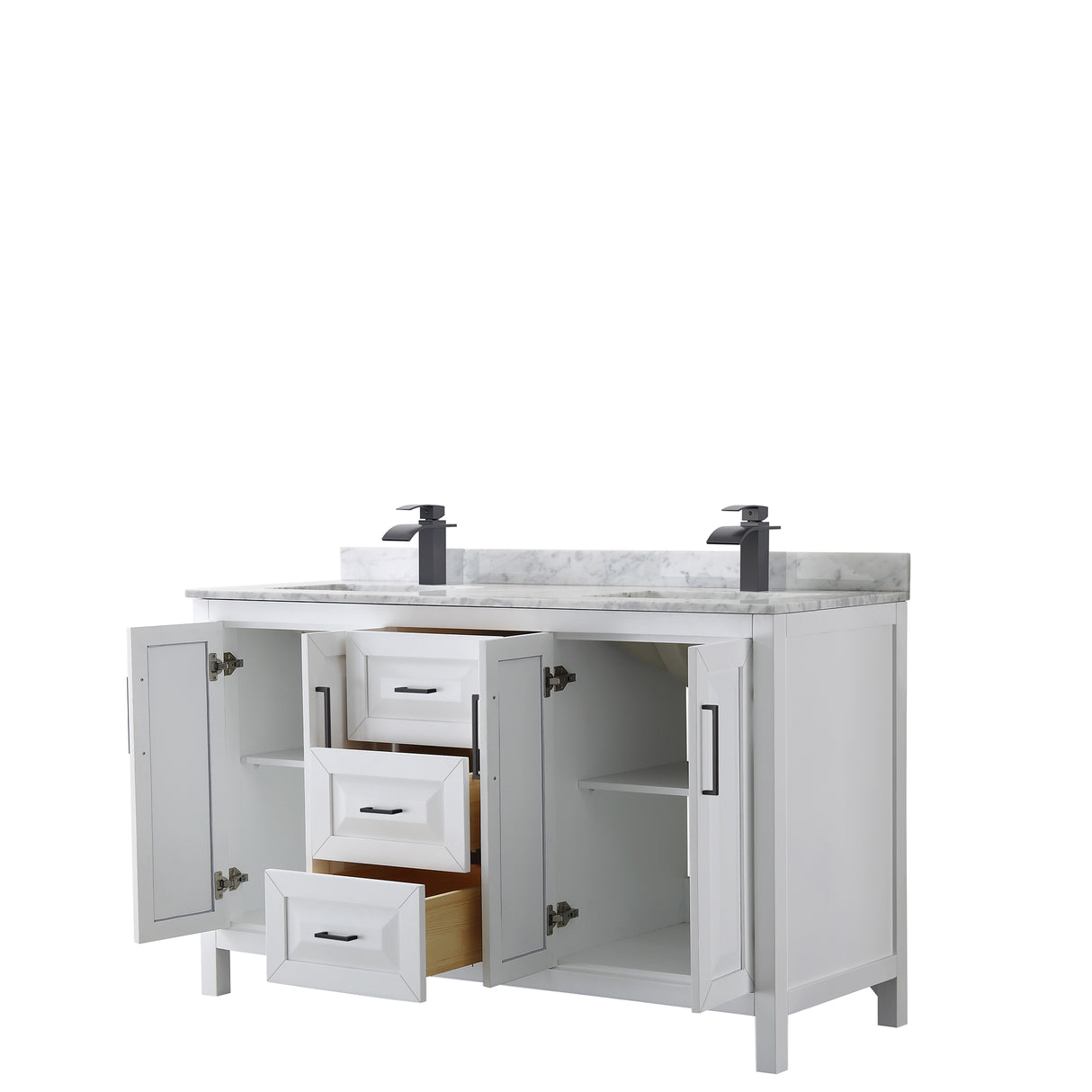 Daria 60 Inch Double Bathroom Vanity in White White Carrara Marble Countertop Undermount Square Sinks Matte Black Trim