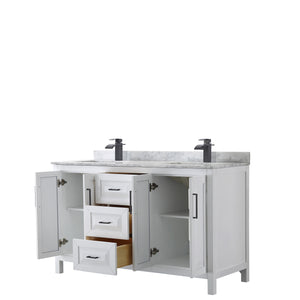 Daria 60 Inch Double Bathroom Vanity in White White Carrara Marble Countertop Undermount Square Sinks Matte Black Trim