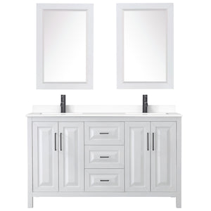 Daria 60 Inch Double Bathroom Vanity in White White Cultured Marble Countertop Undermount Square Sinks Matte Black Trim 24 Inch Mirrors