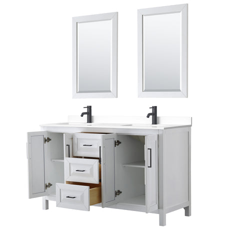 Daria 60 Inch Double Bathroom Vanity in White White Cultured Marble Countertop Undermount Square Sinks Matte Black Trim 24 Inch Mirrors