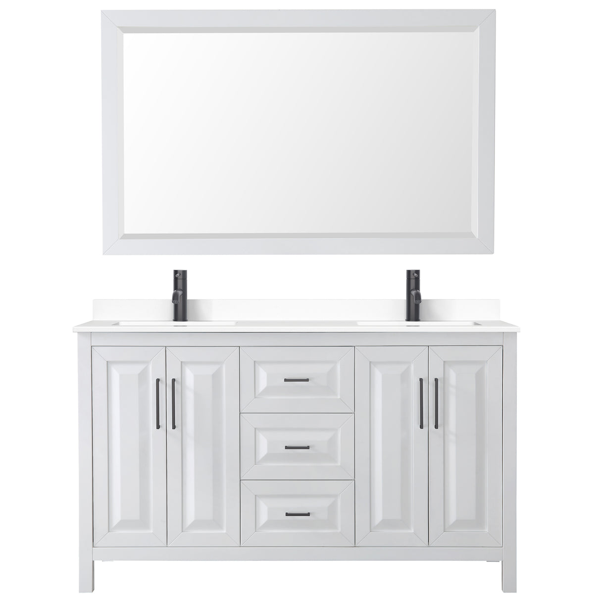 Daria 60 Inch Double Bathroom Vanity in White White Cultured Marble Countertop Undermount Square Sinks Matte Black Trim 58 Inch Mirror