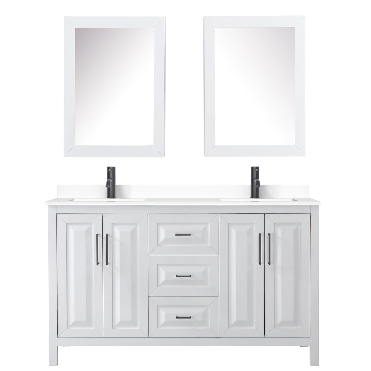 Daria 60 Inch Double Bathroom Vanity in White White Cultured Marble Countertop Undermount Square Sinks Matte Black Trim Medicine Cabinets