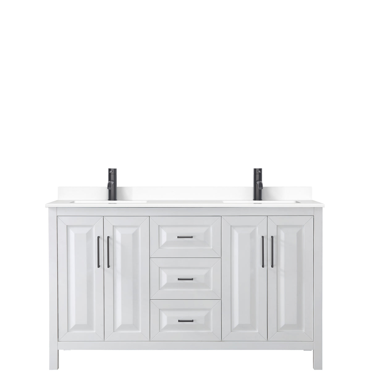 Daria 60 Inch Double Bathroom Vanity in White White Cultured Marble Countertop Undermount Square Sinks Matte Black Trim