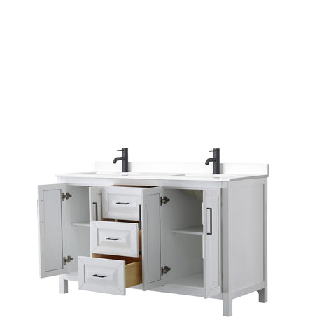 Daria 60 Inch Double Bathroom Vanity in White White Cultured Marble Countertop Undermount Square Sinks Matte Black Trim