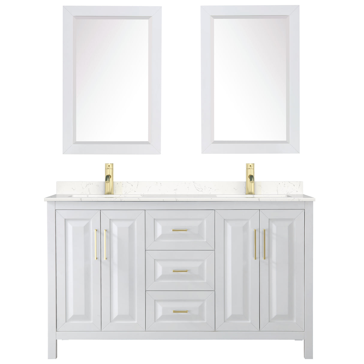 Daria 60 Inch Double Bathroom Vanity in White Carrara Cultured Marble Countertop Undermount Square Sinks 24 Inch Mirrors Brushed Gold Trim