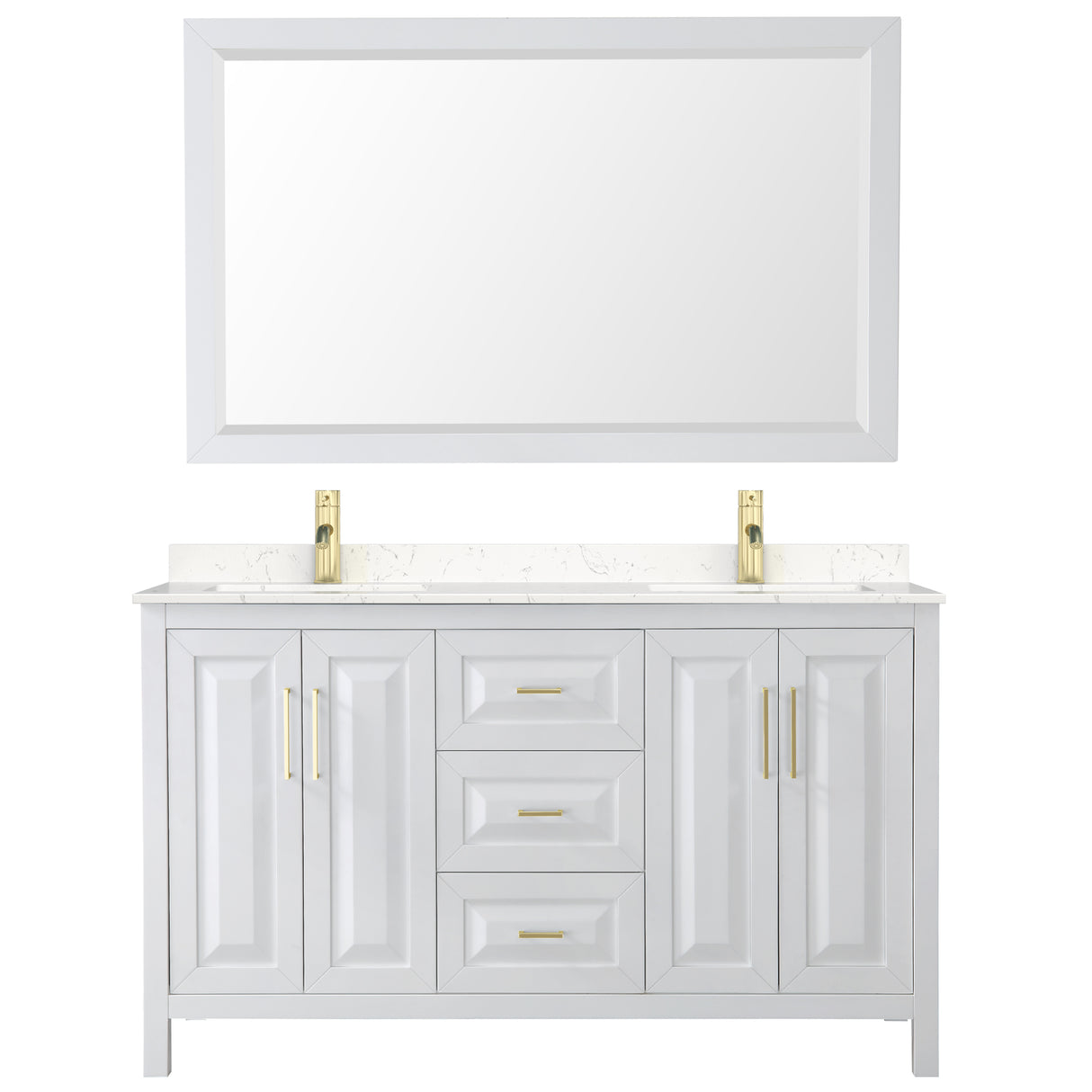 Daria 60 Inch Double Bathroom Vanity in White Carrara Cultured Marble Countertop Undermount Square Sinks 58 Inch Mirror Brushed Gold Trim