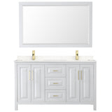 Daria 60 Inch Double Bathroom Vanity in White Carrara Cultured Marble Countertop Undermount Square Sinks 58 Inch Mirror Brushed Gold Trim
