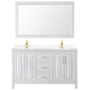 Daria 60 Inch Double Bathroom Vanity in White Carrara Cultured Marble Countertop Undermount Square Sinks 58 Inch Mirror Brushed Gold Trim