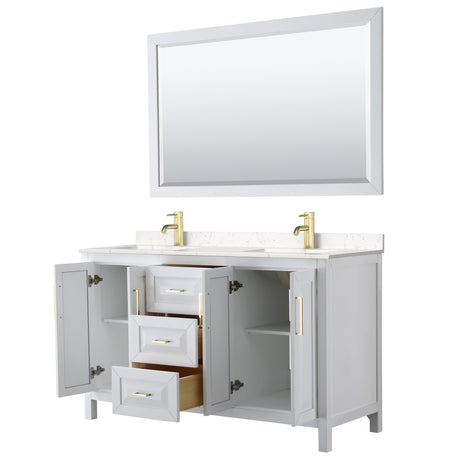 Daria 60 Inch Double Bathroom Vanity in White Carrara Cultured Marble Countertop Undermount Square Sinks 58 Inch Mirror Brushed Gold Trim