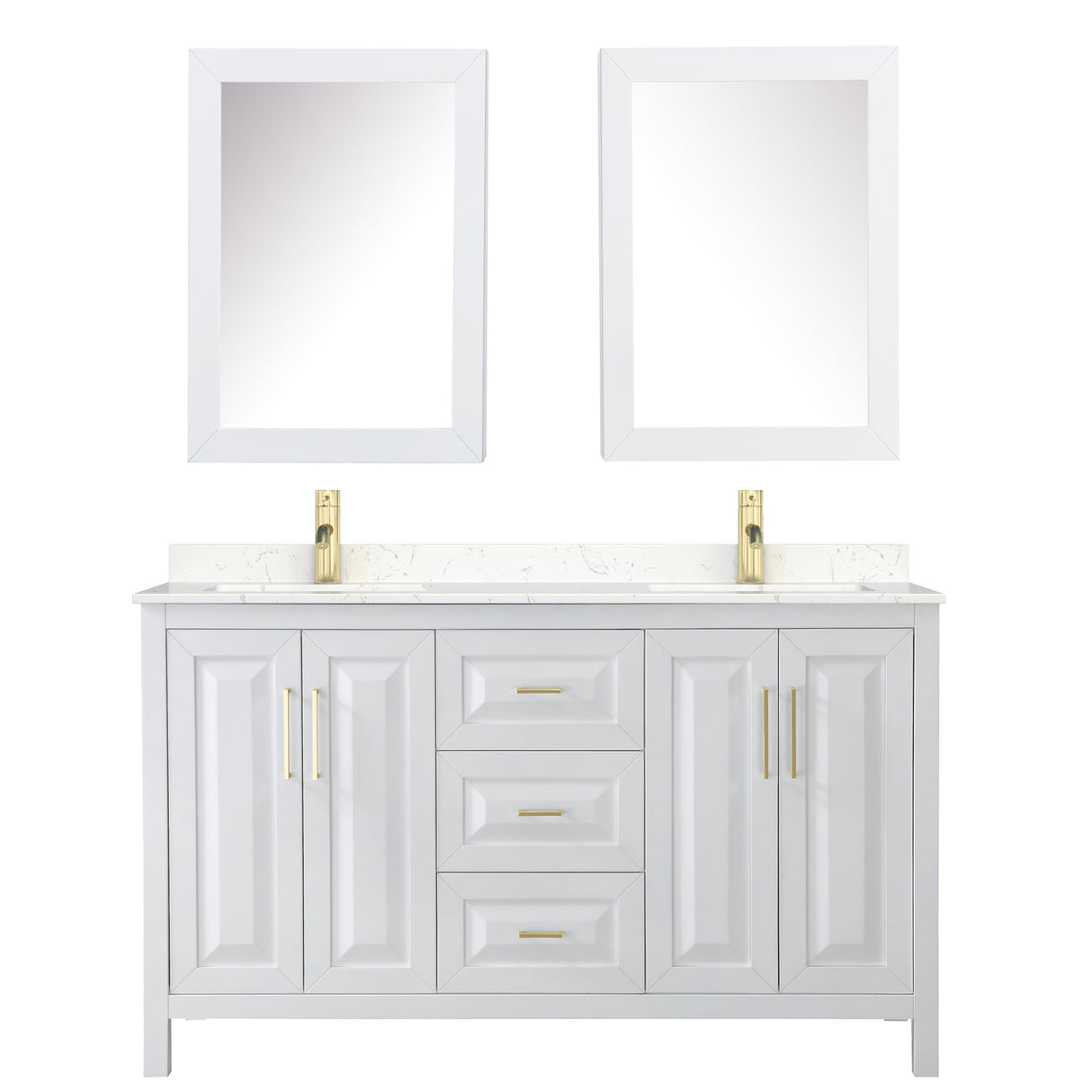 Daria 60 Inch Double Bathroom Vanity in White Carrara Cultured Marble Countertop Undermount Square Sinks Medicine Cabinets Brushed Gold Trim