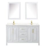 Daria 60 Inch Double Bathroom Vanity in White Carrara Cultured Marble Countertop Undermount Square Sinks Medicine Cabinets Brushed Gold Trim
