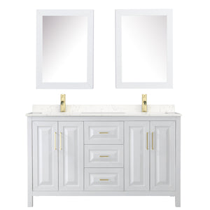 Daria 60 Inch Double Bathroom Vanity in White Carrara Cultured Marble Countertop Undermount Square Sinks Medicine Cabinets Brushed Gold Trim