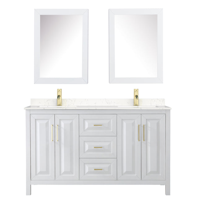 Daria 60 Inch Double Bathroom Vanity in White Carrara Cultured Marble Countertop Undermount Square Sinks Medicine Cabinets Brushed Gold Trim
