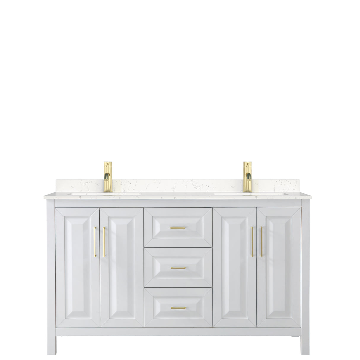 Daria 60 Inch Double Bathroom Vanity in White Carrara Cultured Marble Countertop Undermount Square Sinks Brushed Gold Trim