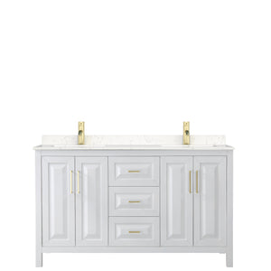 Daria 60 Inch Double Bathroom Vanity in White Carrara Cultured Marble Countertop Undermount Square Sinks Brushed Gold Trim