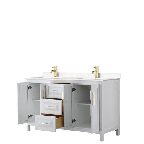 Daria 60 Inch Double Bathroom Vanity in White Carrara Cultured Marble Countertop Undermount Square Sinks Brushed Gold Trim