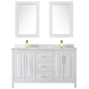 Daria 60 Inch Double Bathroom Vanity in White White Carrara Marble Countertop Undermount Square Sinks 24 Inch Mirrors Brushed Gold Trim