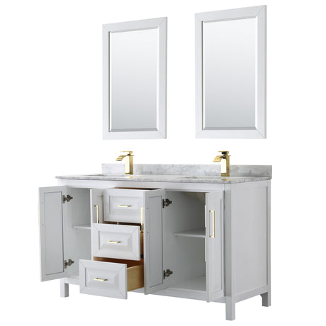 Daria 60 Inch Double Bathroom Vanity in White White Carrara Marble Countertop Undermount Square Sinks 24 Inch Mirrors Brushed Gold Trim