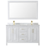 Daria 60 Inch Double Bathroom Vanity in White White Carrara Marble Countertop Undermount Square Sinks 58 Inch Mirror Brushed Gold Trim