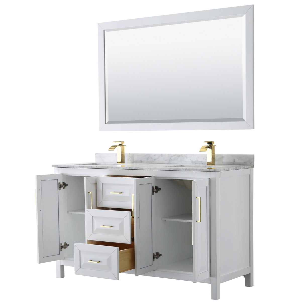 Daria 60 Inch Double Bathroom Vanity in White White Carrara Marble Countertop Undermount Square Sinks 58 Inch Mirror Brushed Gold Trim