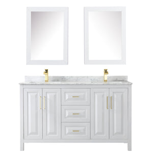 Daria 60 Inch Double Bathroom Vanity in White White Carrara Marble Countertop Undermount Square Sinks Medicine Cabinets Brushed Gold Trim