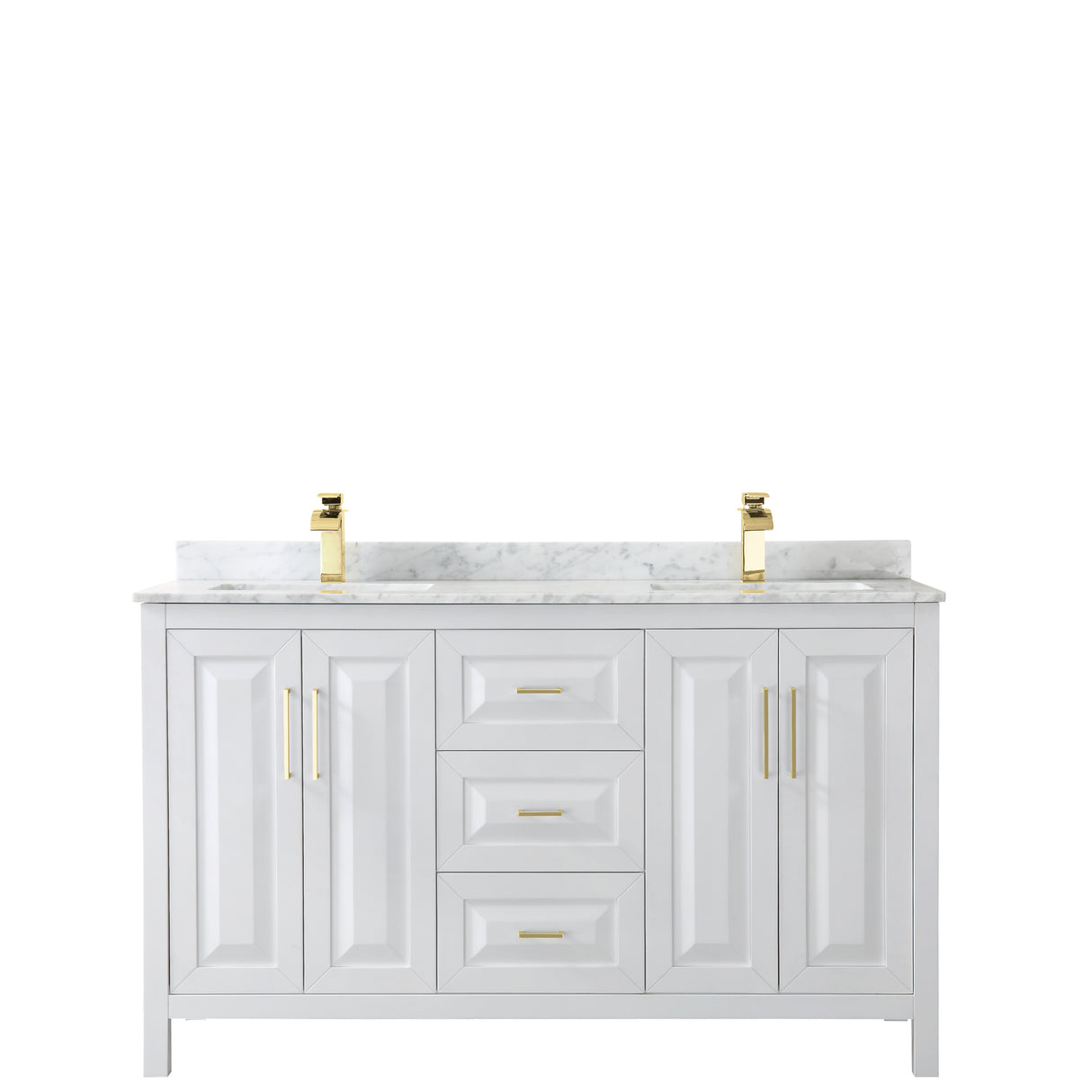 Daria 60 Inch Double Bathroom Vanity in White White Carrara Marble Countertop Undermount Square Sinks Brushed Gold Trim