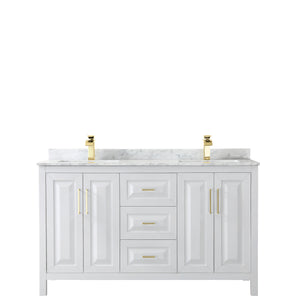 Daria 60 Inch Double Bathroom Vanity in White White Carrara Marble Countertop Undermount Square Sinks Brushed Gold Trim