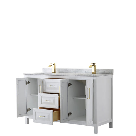 Daria 60 Inch Double Bathroom Vanity in White White Carrara Marble Countertop Undermount Square Sinks Brushed Gold Trim